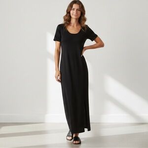 Peruvian Connection Maxi Shirt Dress Stretch Jersey Pima Cotton Modal Black Sm